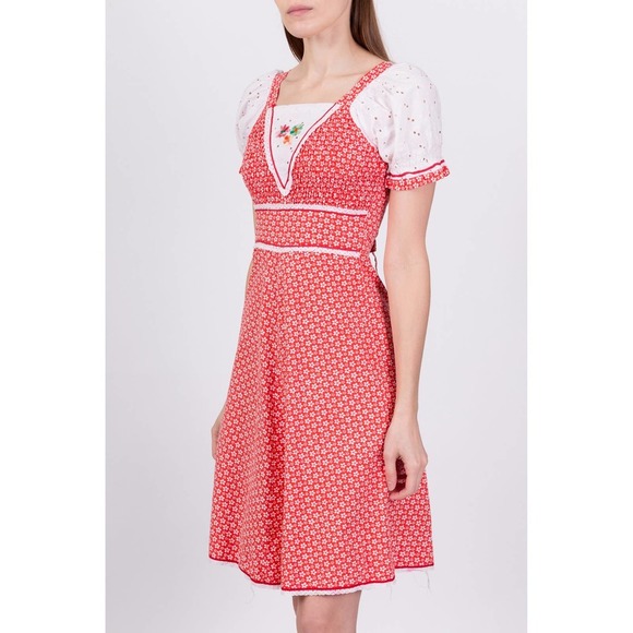 70s Red & White Floral Puff Sleeve Mini Dress - Extra‎ Small - Picture 4 of 6